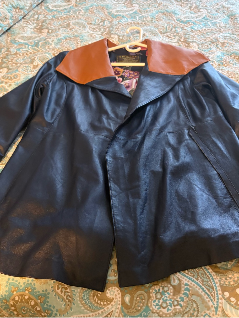 Women's Black Leather Jacket with Contrasting Brown Collar